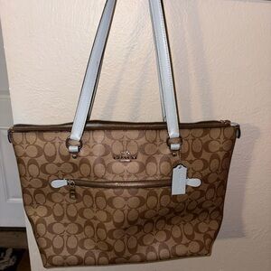 Coach Tan Signature Tote with White Straps